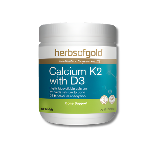 Herbs of Gold Calcium K2 with D3 180 tablets supports bone health as a calcium and vitamin D supplement.