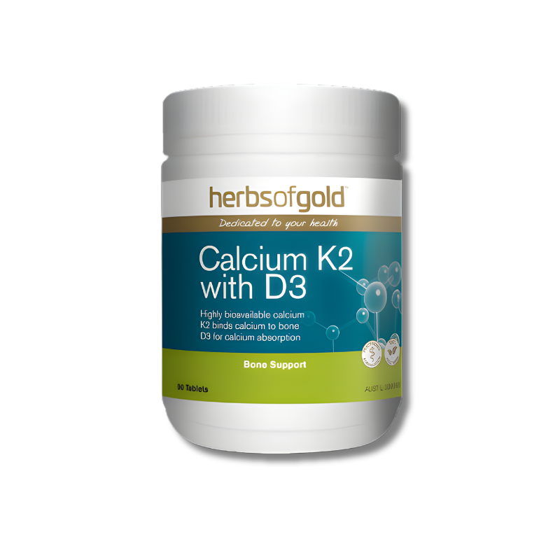 Herbs of Gold Calcium K2 with D3 90 tablets supports bone health as a calcium and vitamin D supplement.