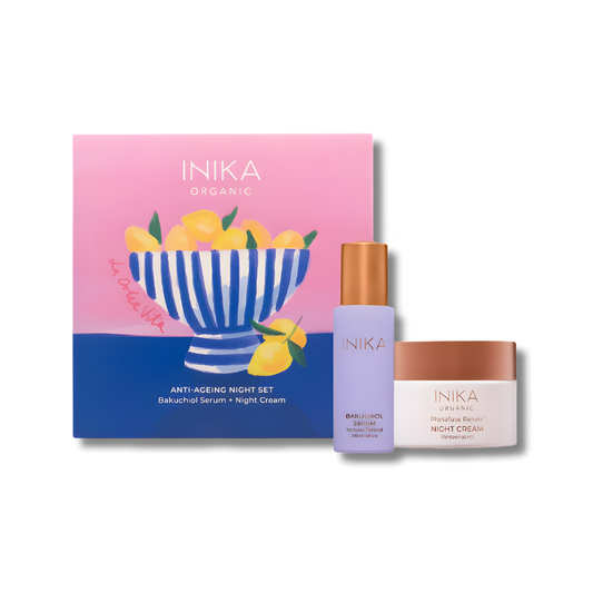 Inika Organic Anti-Ageing Night Set – natural bakuchiol serum and night cream to firm, smooth, and rejuvenate skin overnight.