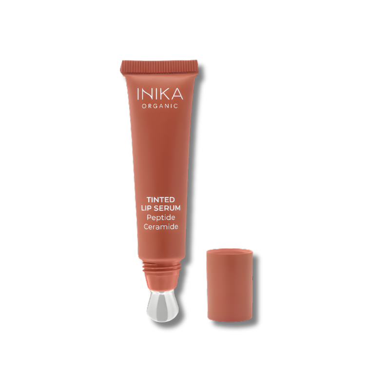 INIKA Organic Tinted Lip Serum in Rosewood shade with hydrating glossy finish
