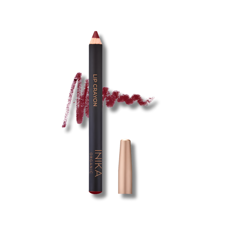 2-in-1 lip crayon combining lipstick and liner with coconut oil, vitamin E, and organic extracts for soft, hydrated lips in sustainable packaging.