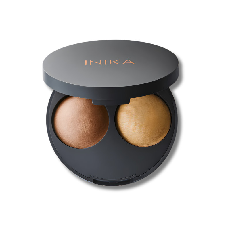 INIKA Organic Baked Contour Duo Almond with warm contour and highlight shades for a natural sculpted finish.