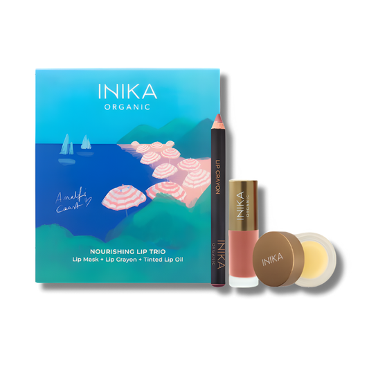 Three lip products displayed together, a sleek lip mask tube, a nude-toned lip crayon, and a tinted lip oil in elegant, minimalist packaging inspired by the Amalfi Coast. Soft neutral shades with a hint of gloss, designed for hydration, nourishment, and natural color.