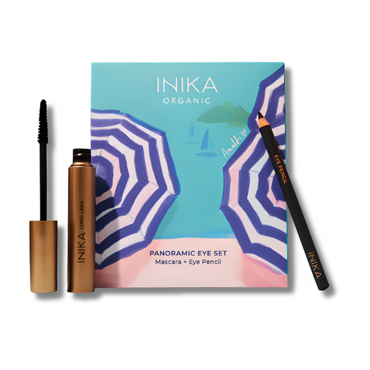 Two eye makeup products displayed side by side, a sleek black Long Lash Mascara tube and a matching black Eye Pencil, both with minimalist, elegant packaging inspired by the Amalfi Coast. Perfect for enhancing lashes and defining eyes naturally.
