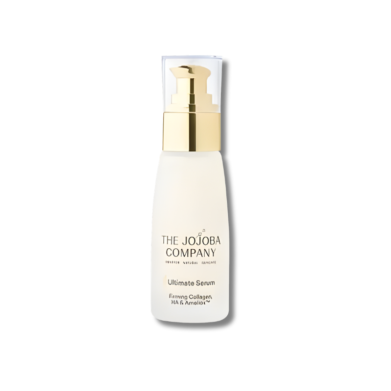 Skincare serum bottle with gold cap on a white background, branded 'The Jojoba Company'.