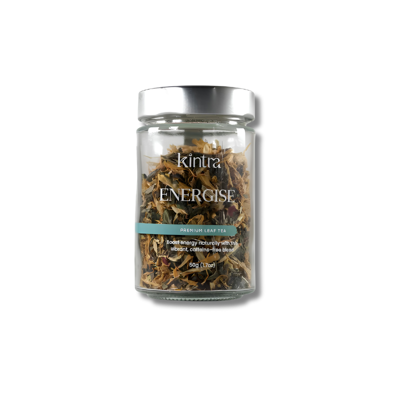 A clear glass jar of Kintra Energise herbal tea with a silver metal lid, set against a plain white background with a soft drop shadow.
