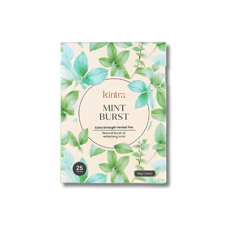 Kintra Mint Burst Extra Strength Herbal Tea packaging box, featuring a light cream background decorated with green and blue mint leaves, with a central white oval containing the product name.