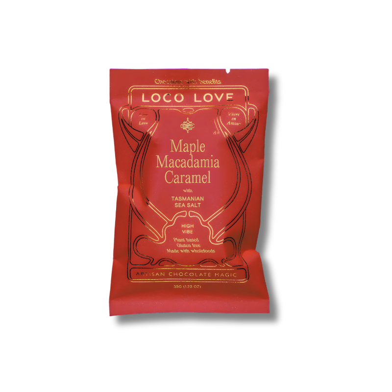 maple-roasted macadamia caramel coated in dark chocolate