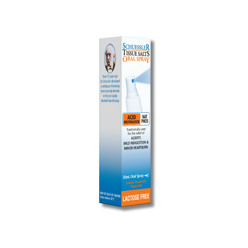 Nat Phos Spray supports acid balance and general wellbeing as a lactose free tissue salt spray for daily use