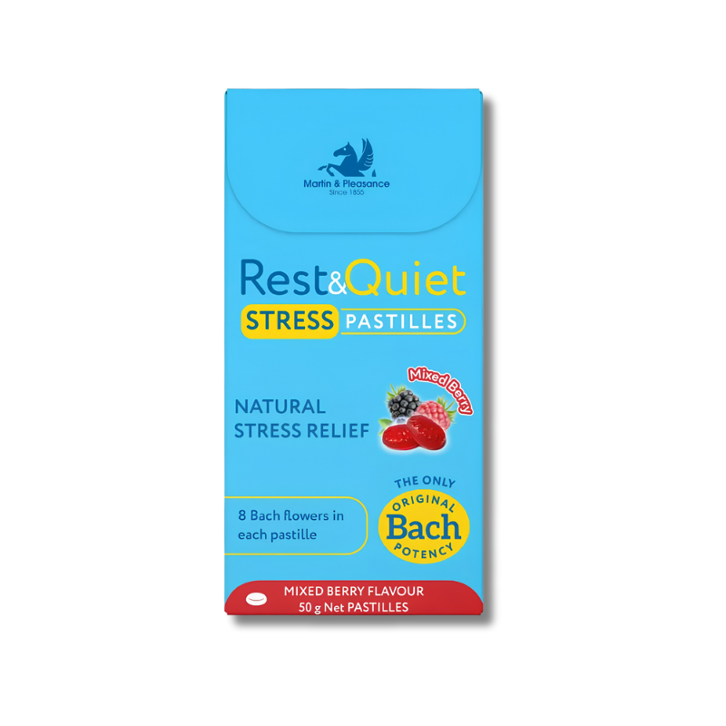 Pack of Rest & Quiet Stress Pastilles with blue packaging on a white background