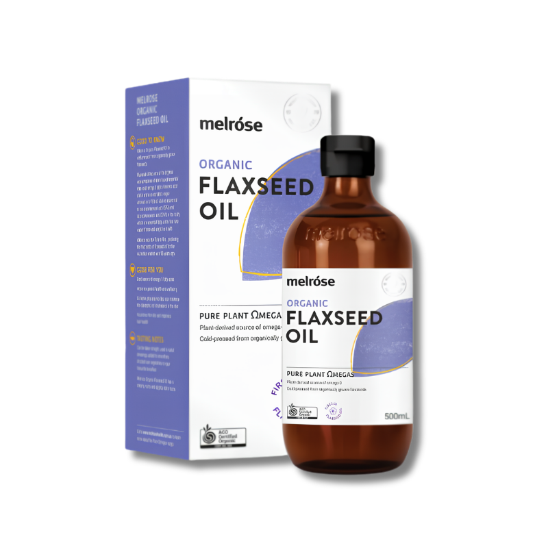 Melrose Organic Flaxseed Oil bottle and packaging on a white background