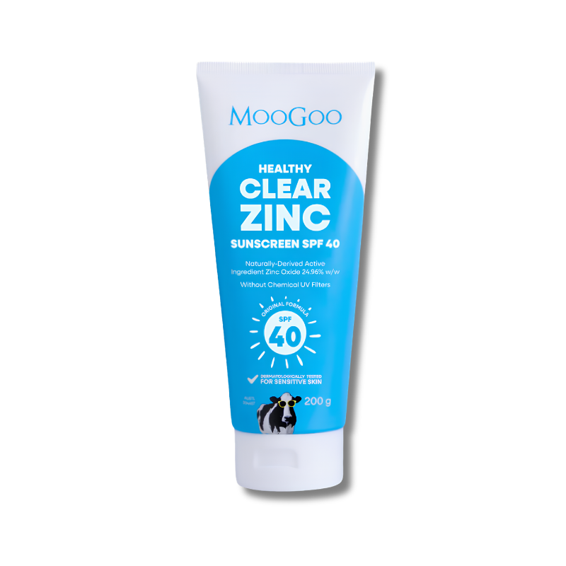 MooGoo Healthy Clear Zinc Sunscreen SPF 40 helps protect skin from UV exposure and maintain skin hydration