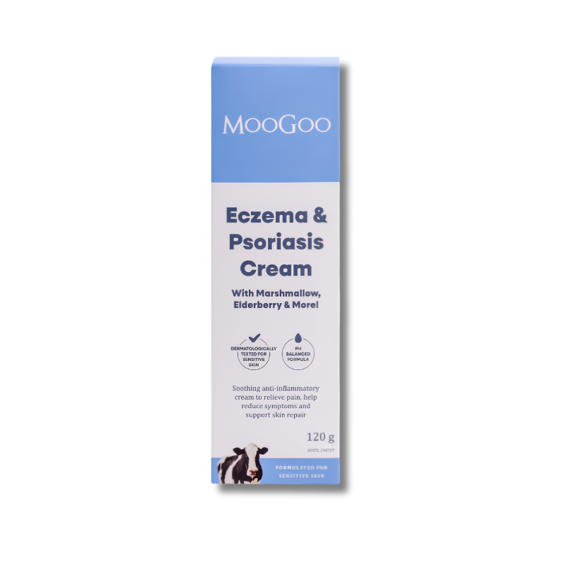 Moogoo Eczema & Psoriasis Cream packaging on a white background