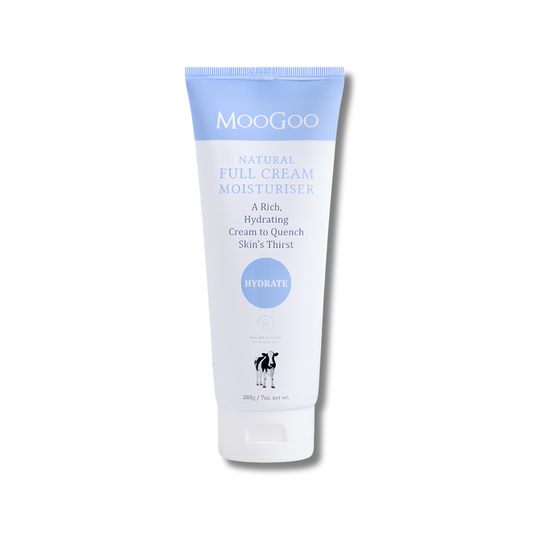Moogoo natural full cream moisturizer tube on a white background