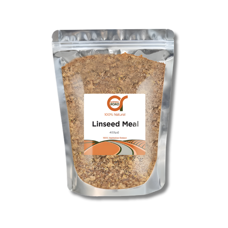 Packaged linseed meal with a visible brand label on a white background