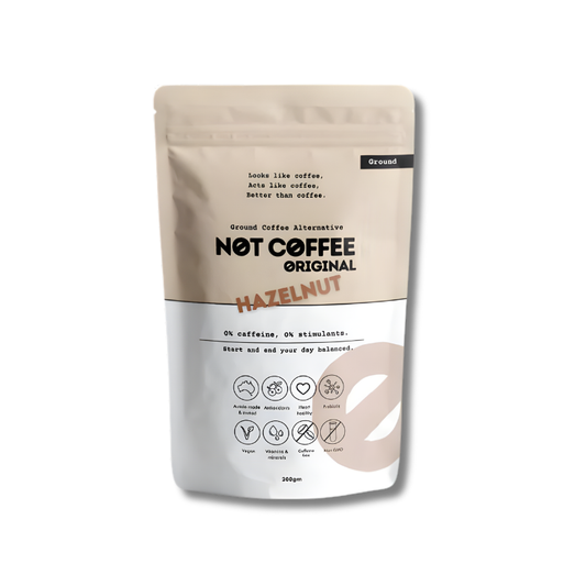 Packaging of Not Coffee Original Hazelnut coffee alternative on a white background