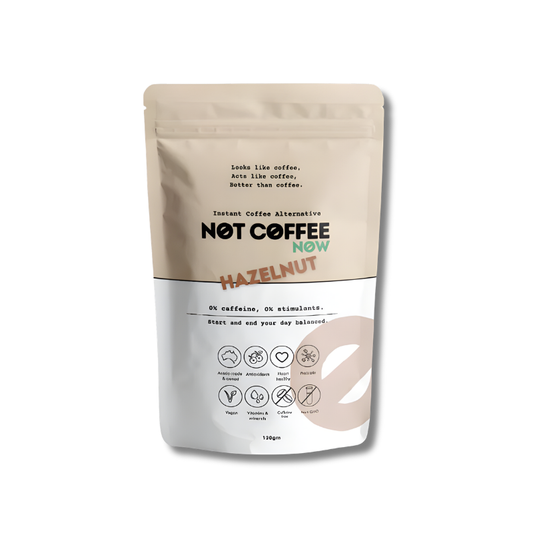 Package of 'Not Coffee Now' hazelnut instant coffee alternative on a white background