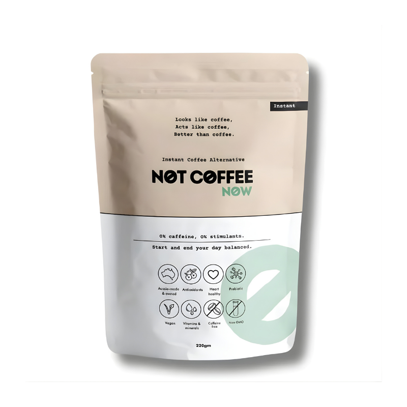 Caffeine-free coffee alternative with antioxidants and prebiotics for smooth flavour, steady energy, and calm focus- instant and gentle on the body.