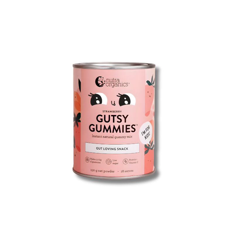 Pink canister of Nutta Organics Strawberry Gutsy Gummies on a white background
