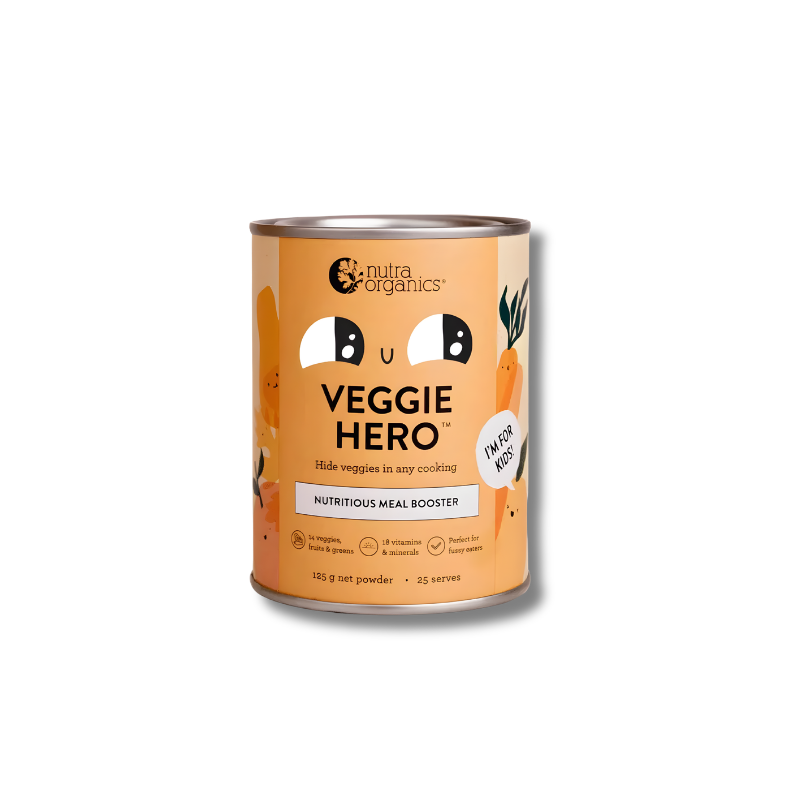 Can of Nutra Organics Veggie Hero nutritional meal booster on a white background