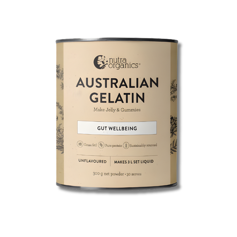Canister of Nutra Organics Australian Gelatin on a white background