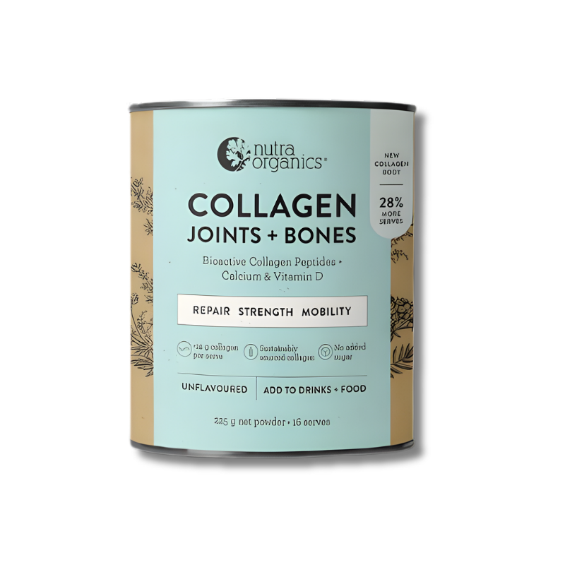 Canister of Nutra Organics Collagen Joints + Bones on a white background