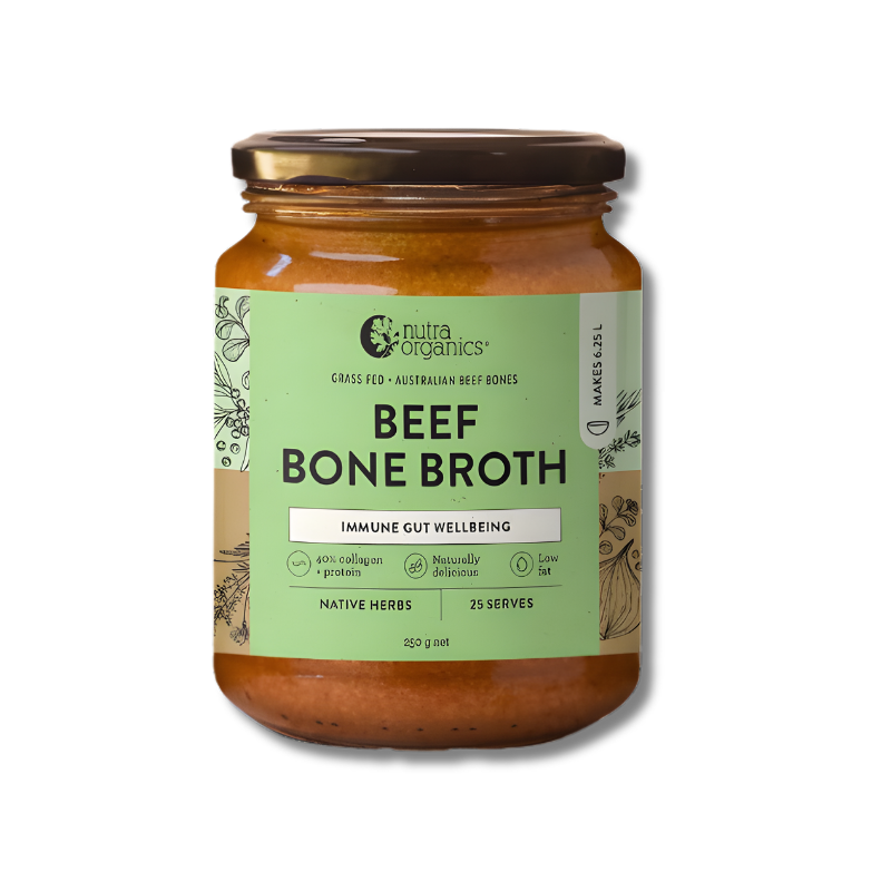 Jar of beef bone broth with a green label on a white background