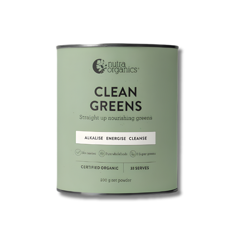 Green canister of 'Clean Greens' by Nutra Organics on a white background