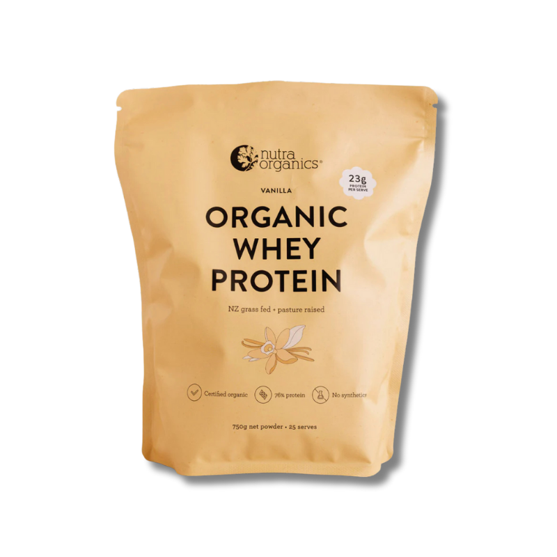 Organic grass-fed whey protein in vanilla flavour to support muscle recovery, energy, and healthy ageingâsmooth, creamy, and nutrient-rich.
