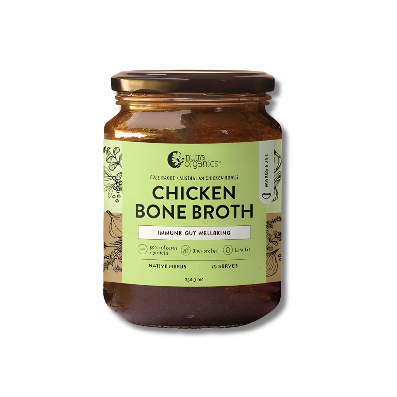 Jar of Nutra Organics Chicken Bone Broth on a white background