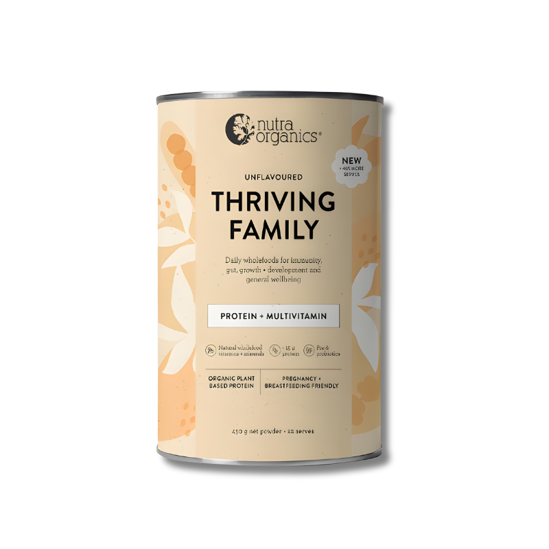 Nutra Organics Thriving Family protein and multivitamin container on a white background