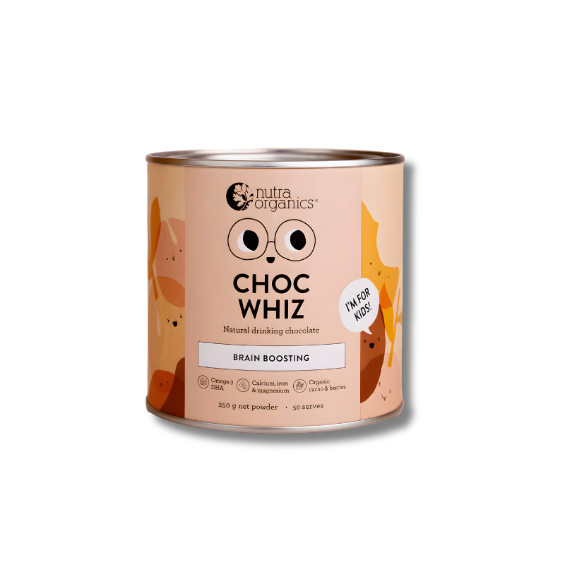 Can of Nutra Organics Choc Whiz for kids on a white background