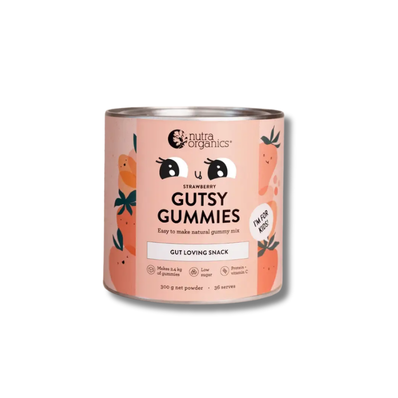 Canister of Nutra Organics Strawberry Gutsy Gummies on a white background