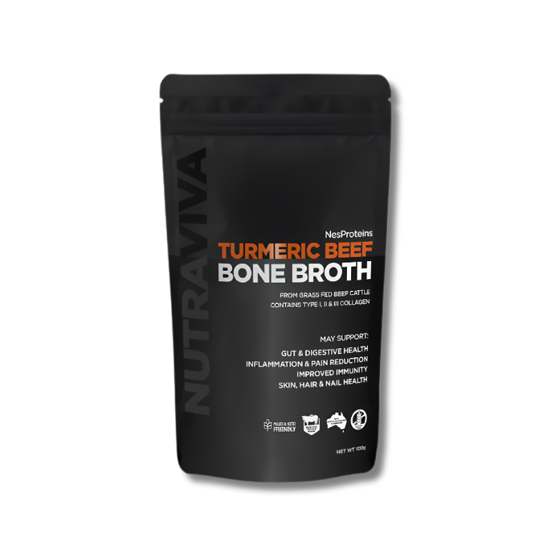 Black package of Nutraviva Turmeric Beef Bone Broth on a white background