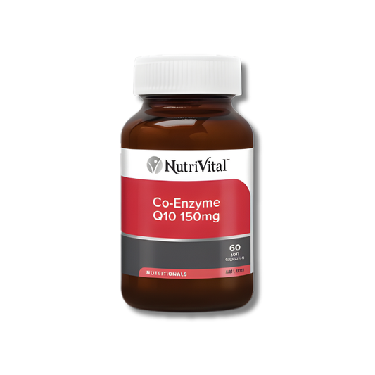 Nutrivital Co-Enzyme Q10 150mg – supports heart health, cellular energy, and antioxidant protection for vitality and wellbeing.