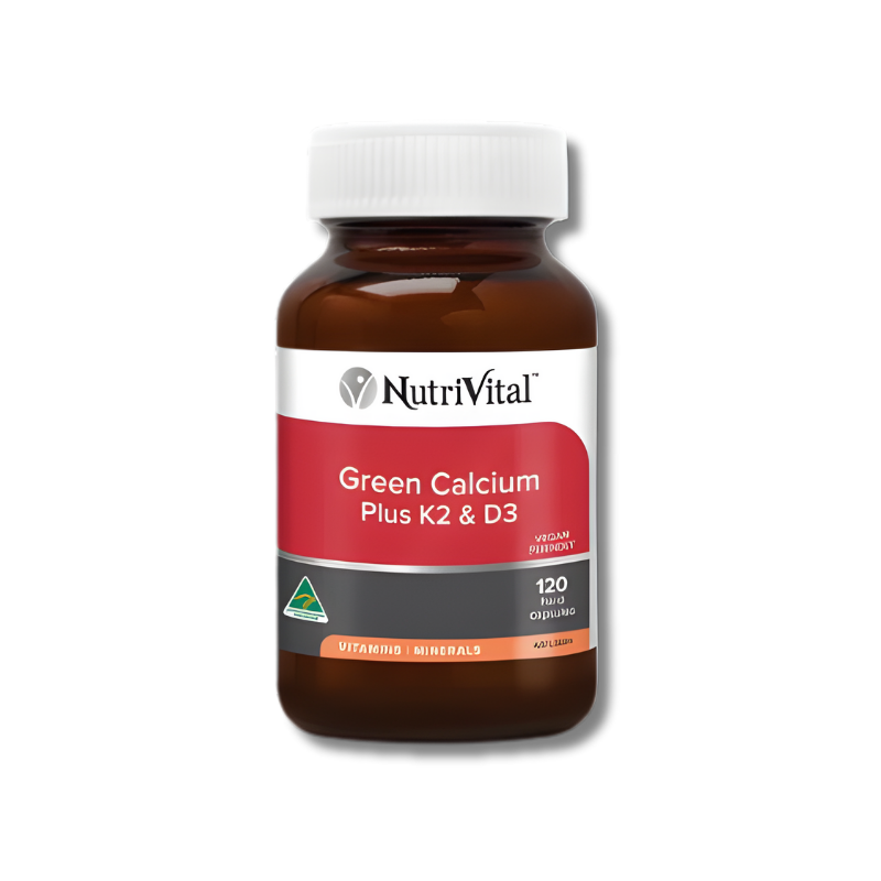 Nutrivital Green Calcium Plus K2 & D3 – plant-based calcium formula supporting bone strength, density, and healthy muscle function.