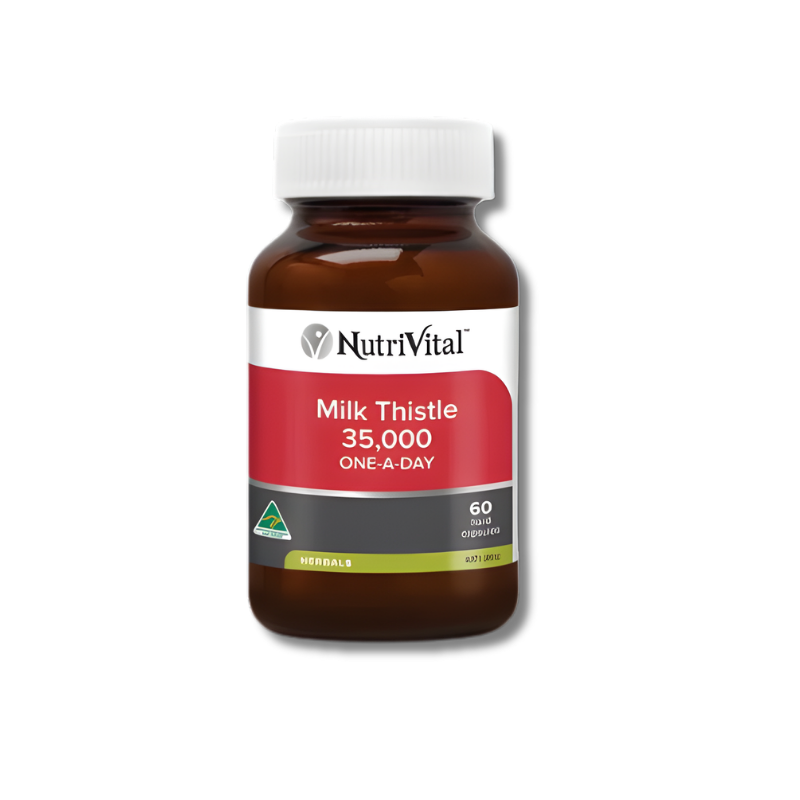 NutriVital Milk Thistle 35000 One-A-Day capsules support liver health as a daily herbal supplement.