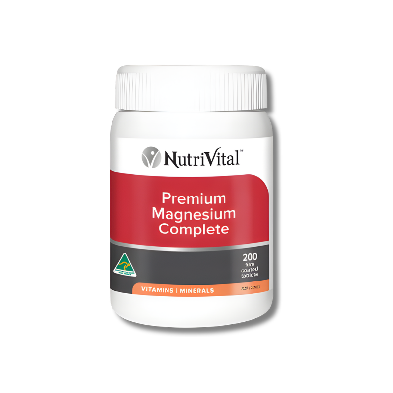 NutriVital Premium Magnesium Complete 200 tablets supports muscle and nervous system function as a magnesium supplement.
