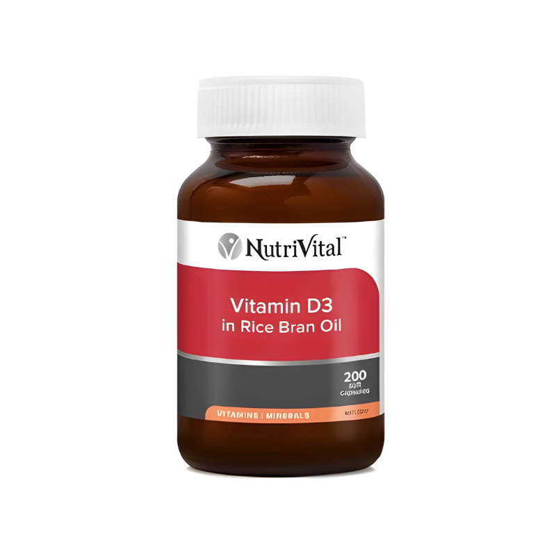 NutriVital Vitamin D3 in Rice Bran Oil 200 capsules supports bone health and immune system function as a vitamin D supplement.