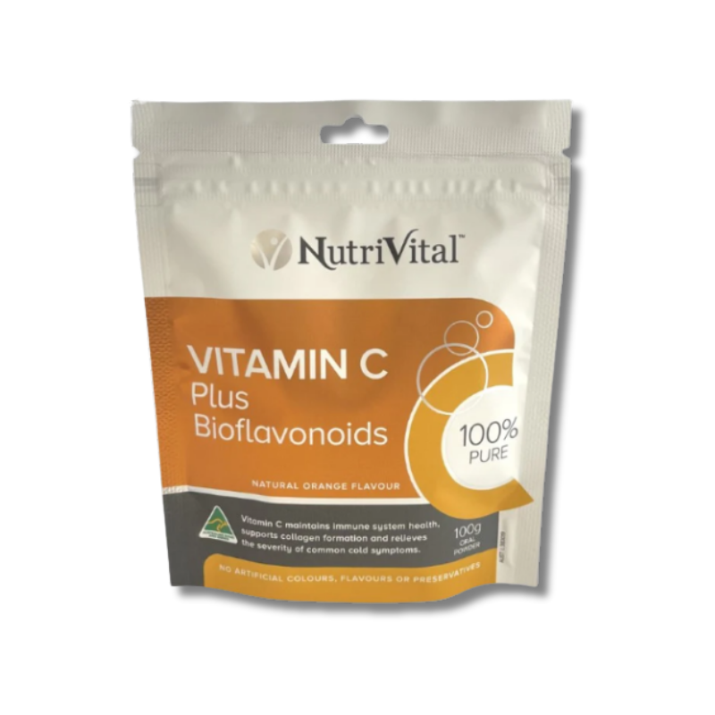 NutriVital Vitamin C Plus Bioflavonoids powder 100g supports immune system function as a vitamin C supplement.