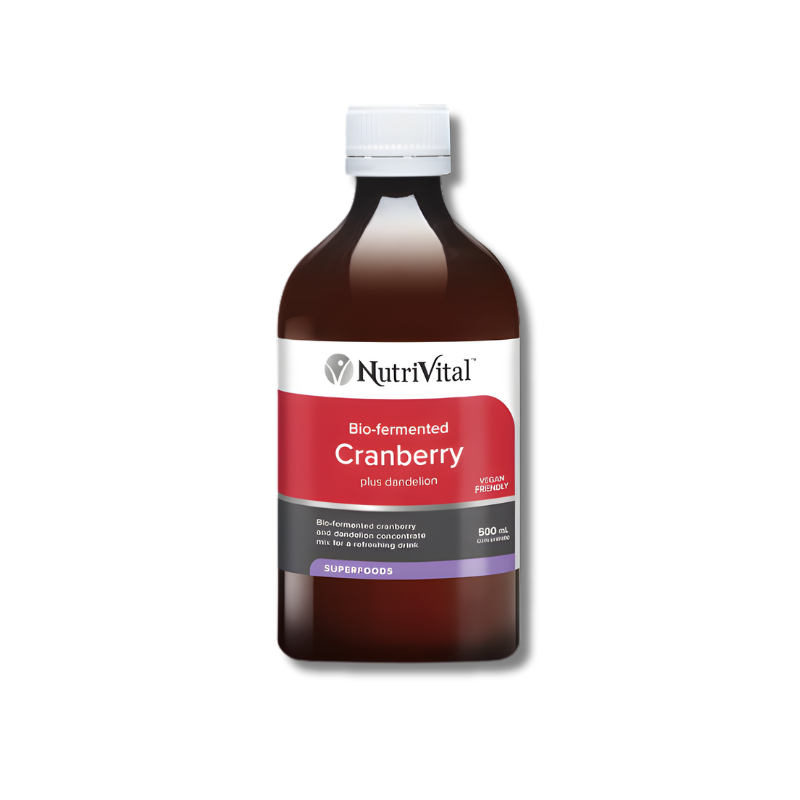 Nutrivital Bio-Fermented Cranberry – probiotic-rich drink with dandelion to support urinary tract, gut, and digestive health.
