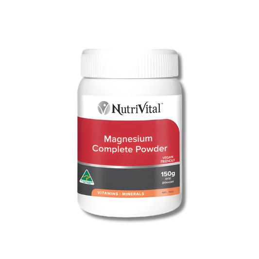 NutriVital Magnesium Complete Powder 150g supports muscle and nervous system function as a daily magnesium supplement.