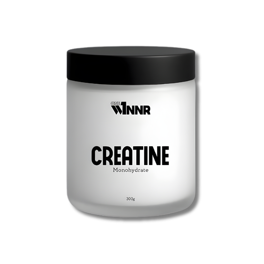 White container with black lid labeled 'CREATINE Monohydrate' by WINNR on a white background