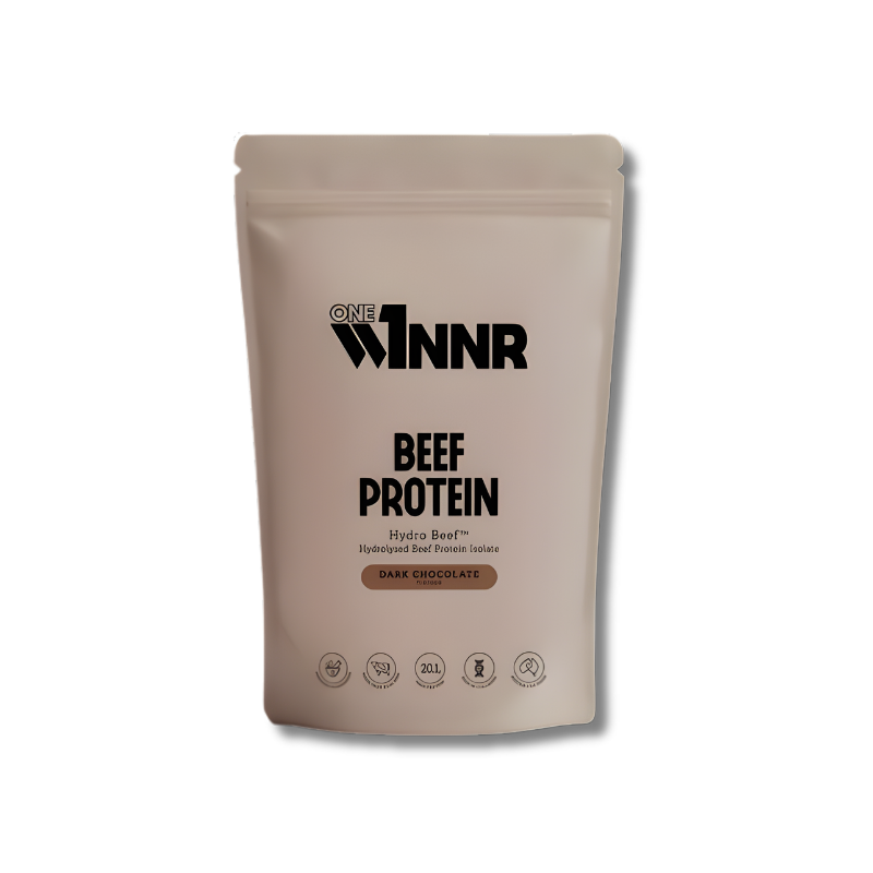 Beige protein powder package with 'ONE WNNR' branding on a white background