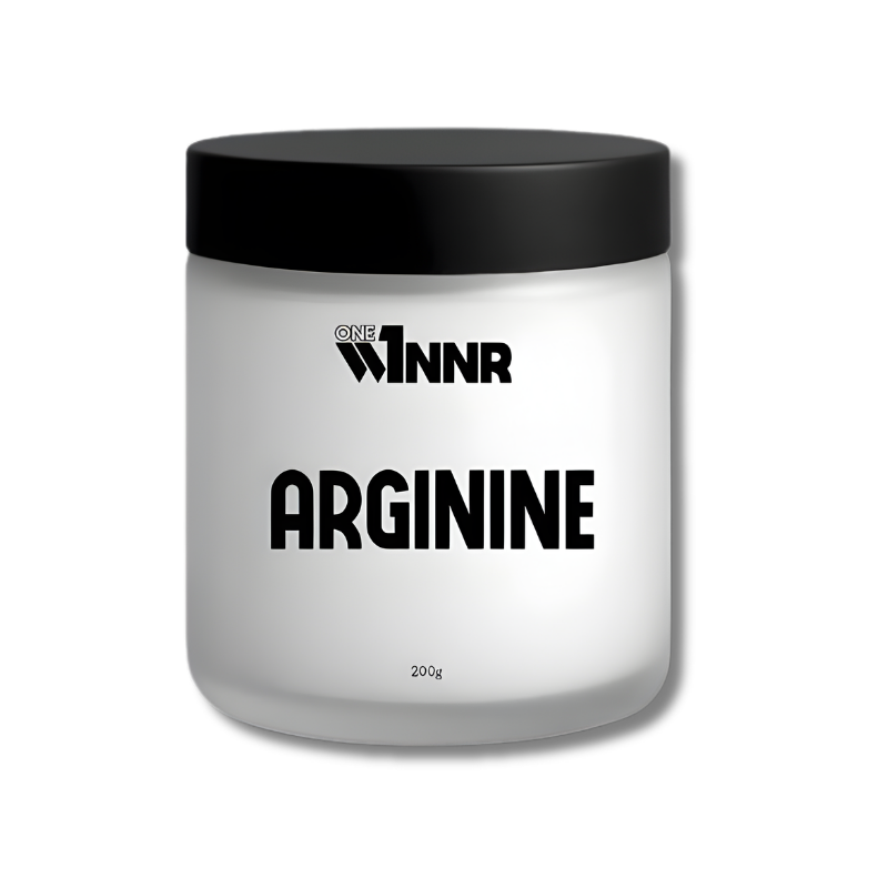 White container with black lid labeled 'WINNNR Arginine' on a white background