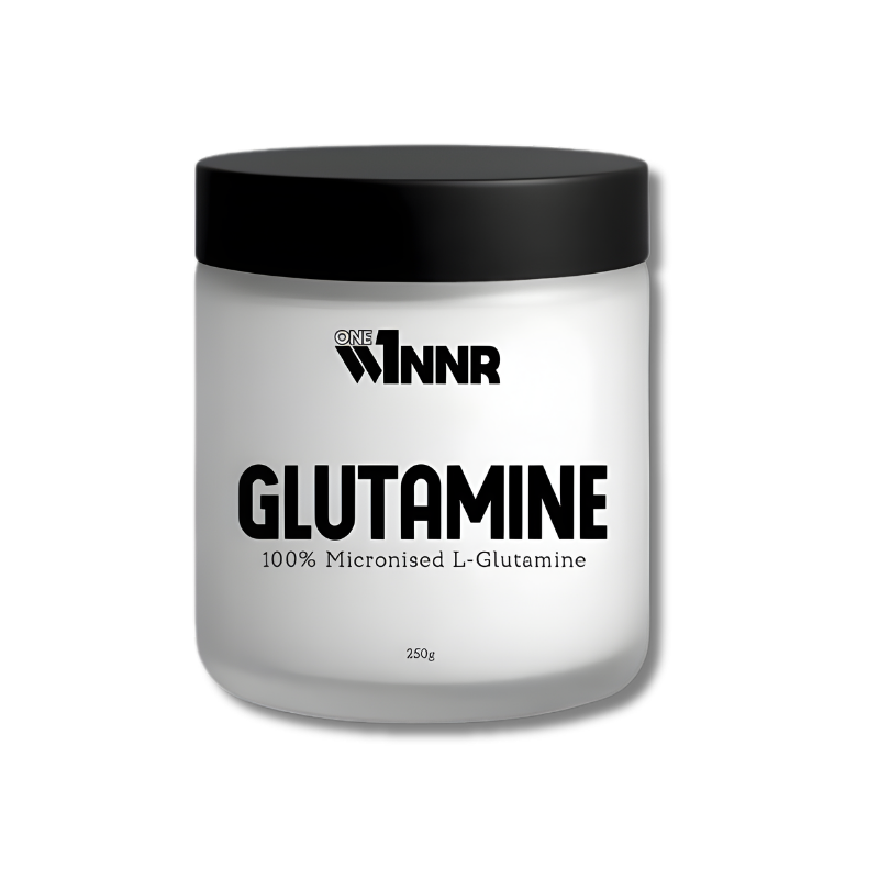 Glutamine supplement container with 'ONE WINNR' branding on a white background