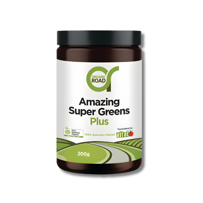 Container of Organic Road Amazing Super Greens Plus on a white background