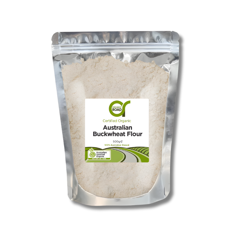 Bag of Australian Buckwheat Flour with a visible brand label on a white background