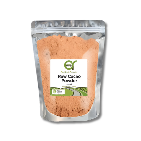 Package of raw cacao powder with a visible label on a white background