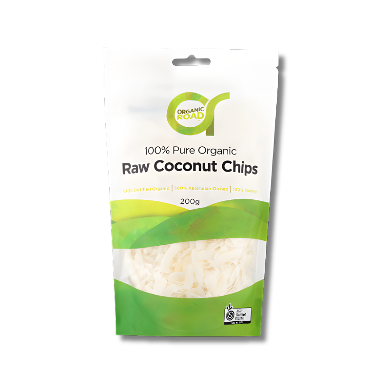Package of Organic Raw Coconut Chips on a white background